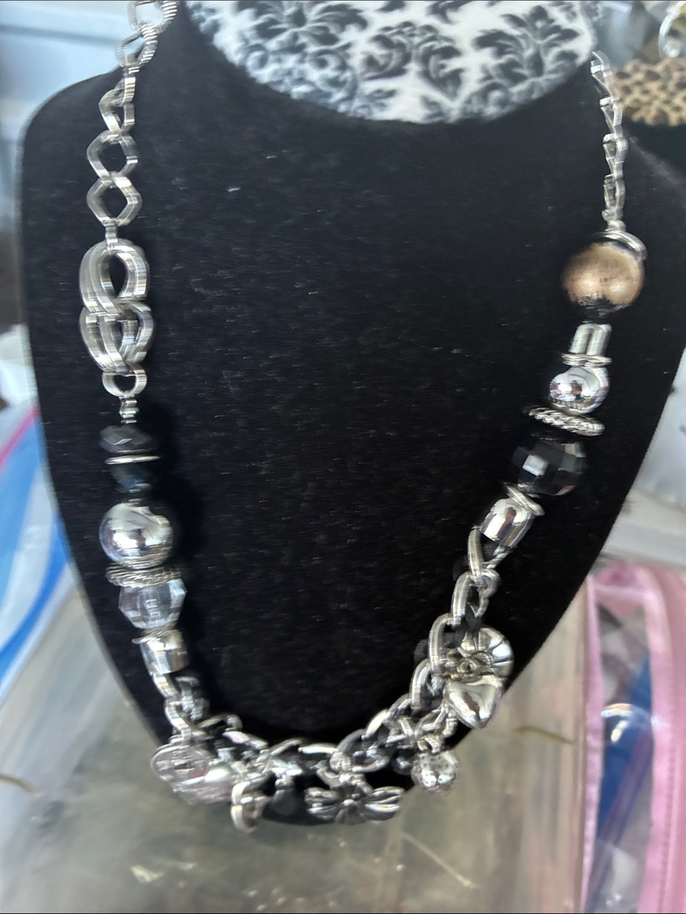 Silver and Black Mixed Bead Statement Necklace - Women Jewelry